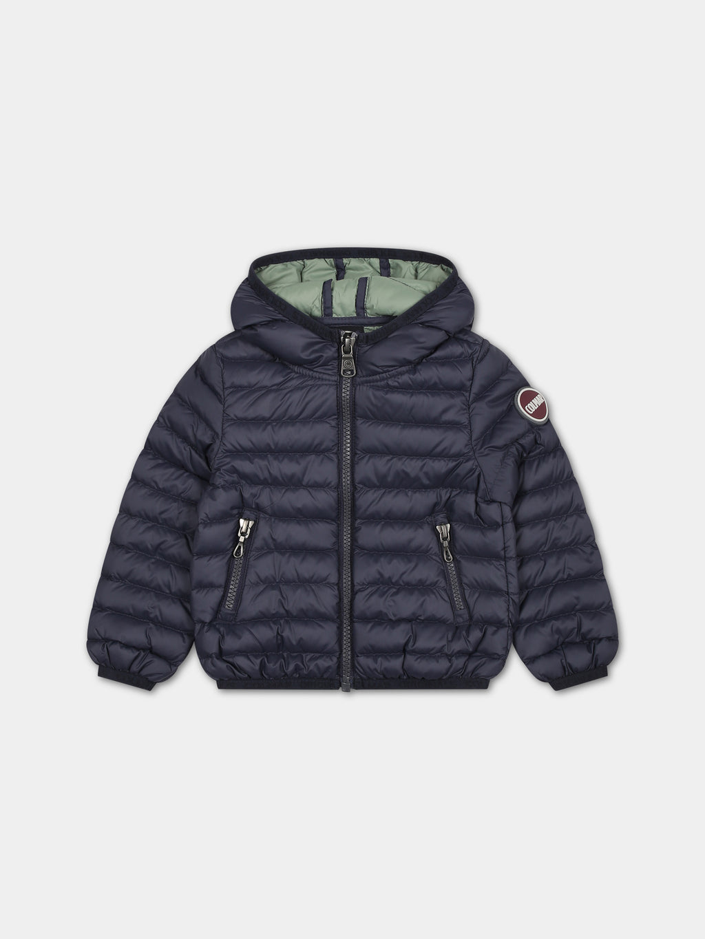 Blue down jacket for baby boy with logo